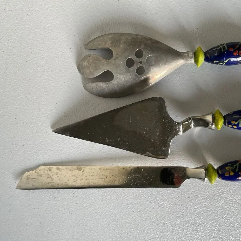 Kitchen Utensils Spoon Pie Server Knife Ceramic Pottery Handle Steel Set of 3